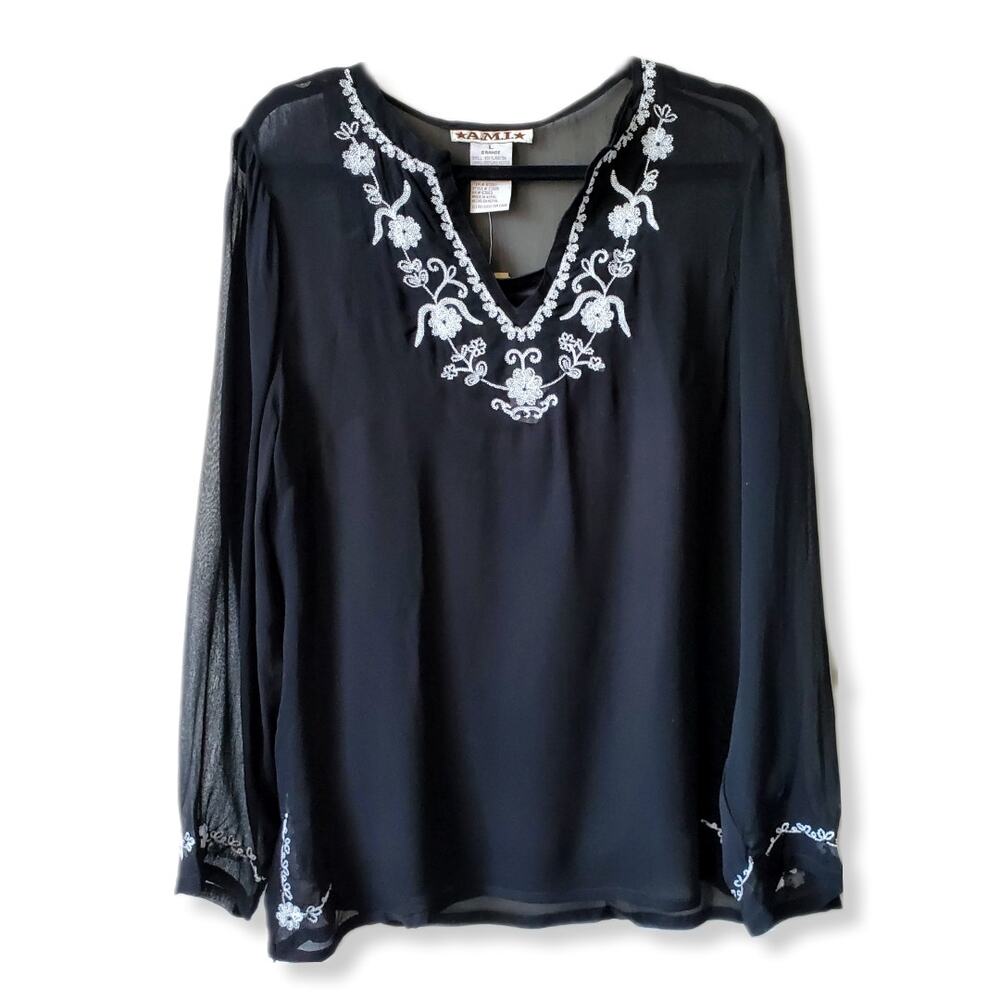 AMI Women Black White Sheer Top Blouse L Boho Delicate Dark Fairy Witchy Whimsy